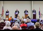 Four candidates for Howell County Associate Circuit Judge debate in West Plains Wednesday night, from left to right: Lyndell Beard, Larry Burton II, Heath Hardman, and Marty Simpson. Sees the Moment Photography for Howell County News